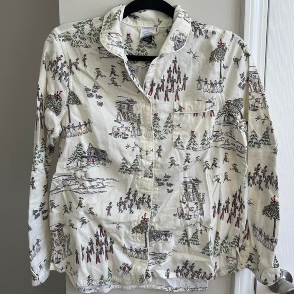 Lands End 12 Days of Christmas Flannel Pajama Top Cream Toile Womens Small 6-8